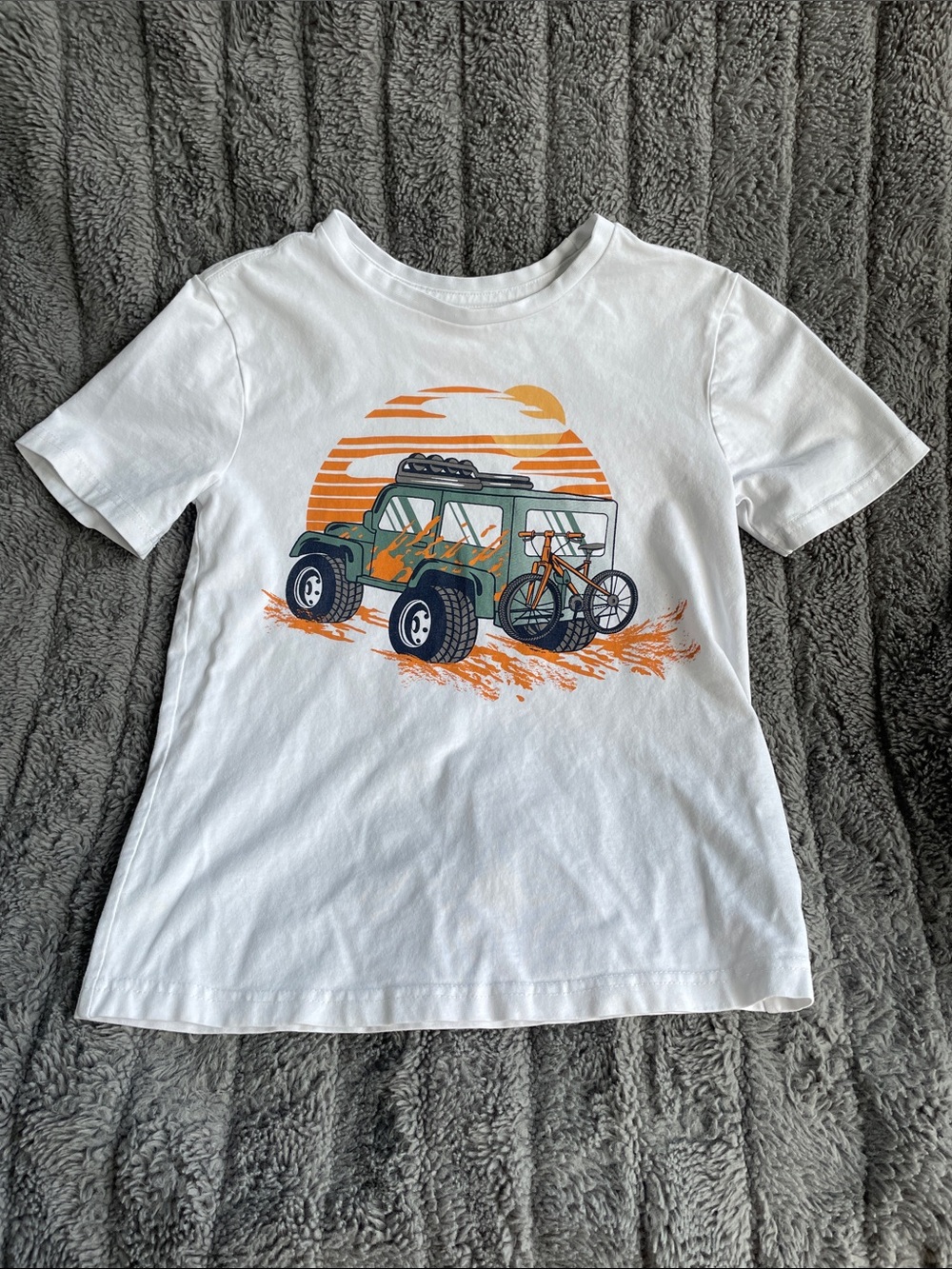 Tommy Bahama White Tee with Green Jeep and Orange Sunset Graphic